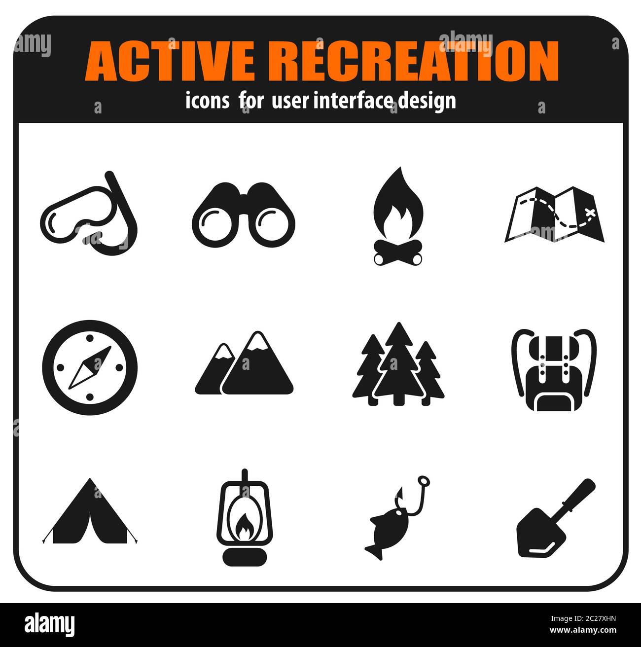 Set di icone per attività ricreative e campeggio per la progettazione di interfacce utente Foto Stock