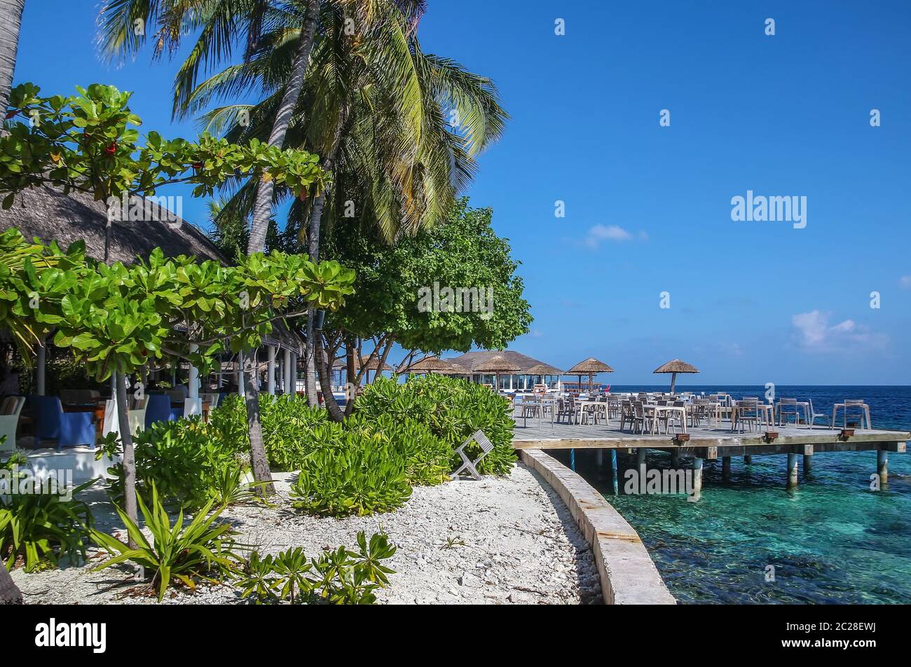 Ristorante sulla spiaggia, Maldive Foto Stock