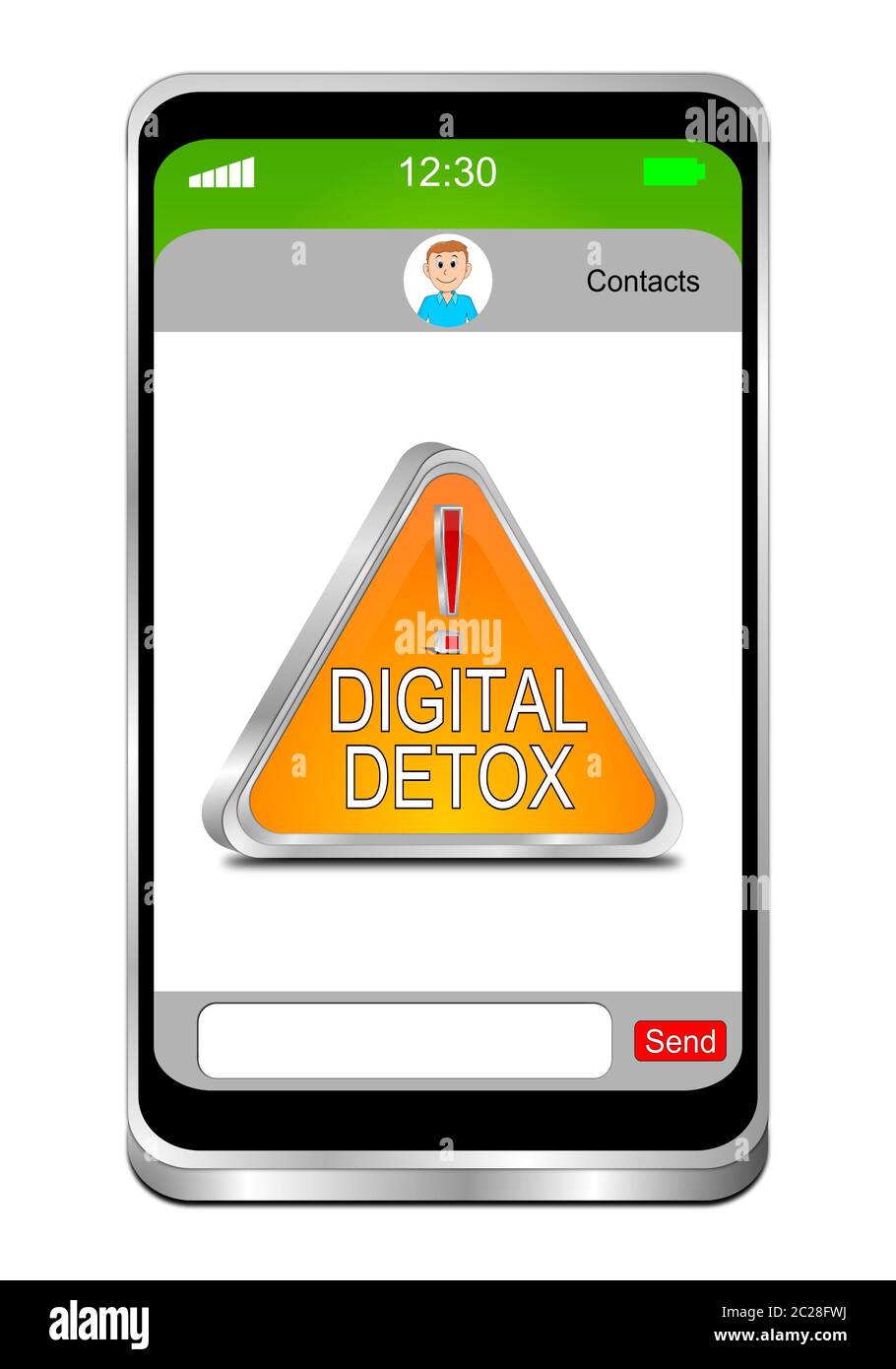 Smartphone con pulsante Detox digitale arancione - illustrazione 3D Foto Stock