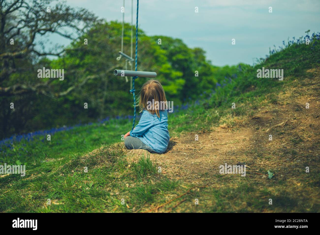 Un piccolo preschooler è seduto in un prato con un'oscillazione di corda appesa ad un albero Foto Stock