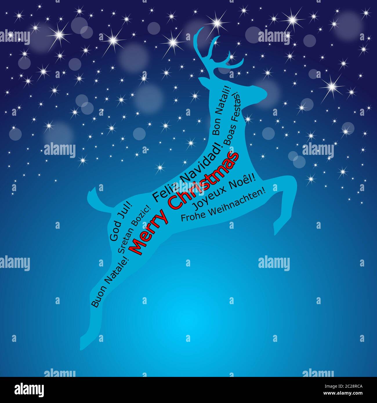 Allegra nube di parole di Natale su una renna su sfondo blu decorativo - illustrazione Foto Stock