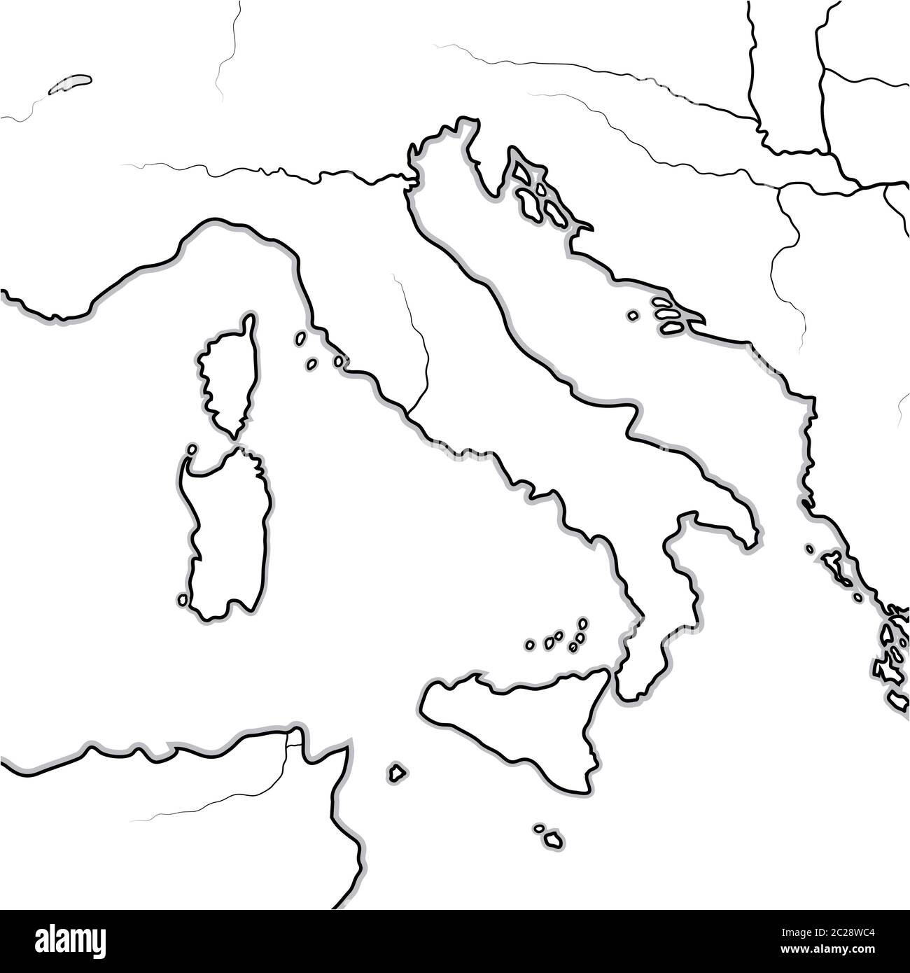 Mappa delle Terre ITALIANE: Italia, Toscana, Lombardia, Sicilia, Appennino, Penisola Italiana. Grafico geografico. Foto Stock