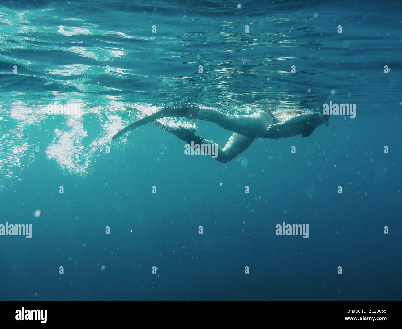Donna subacquea che nuota e si tuffa. Sport acquatici, turismo e concetto di vacanza. Foto Stock