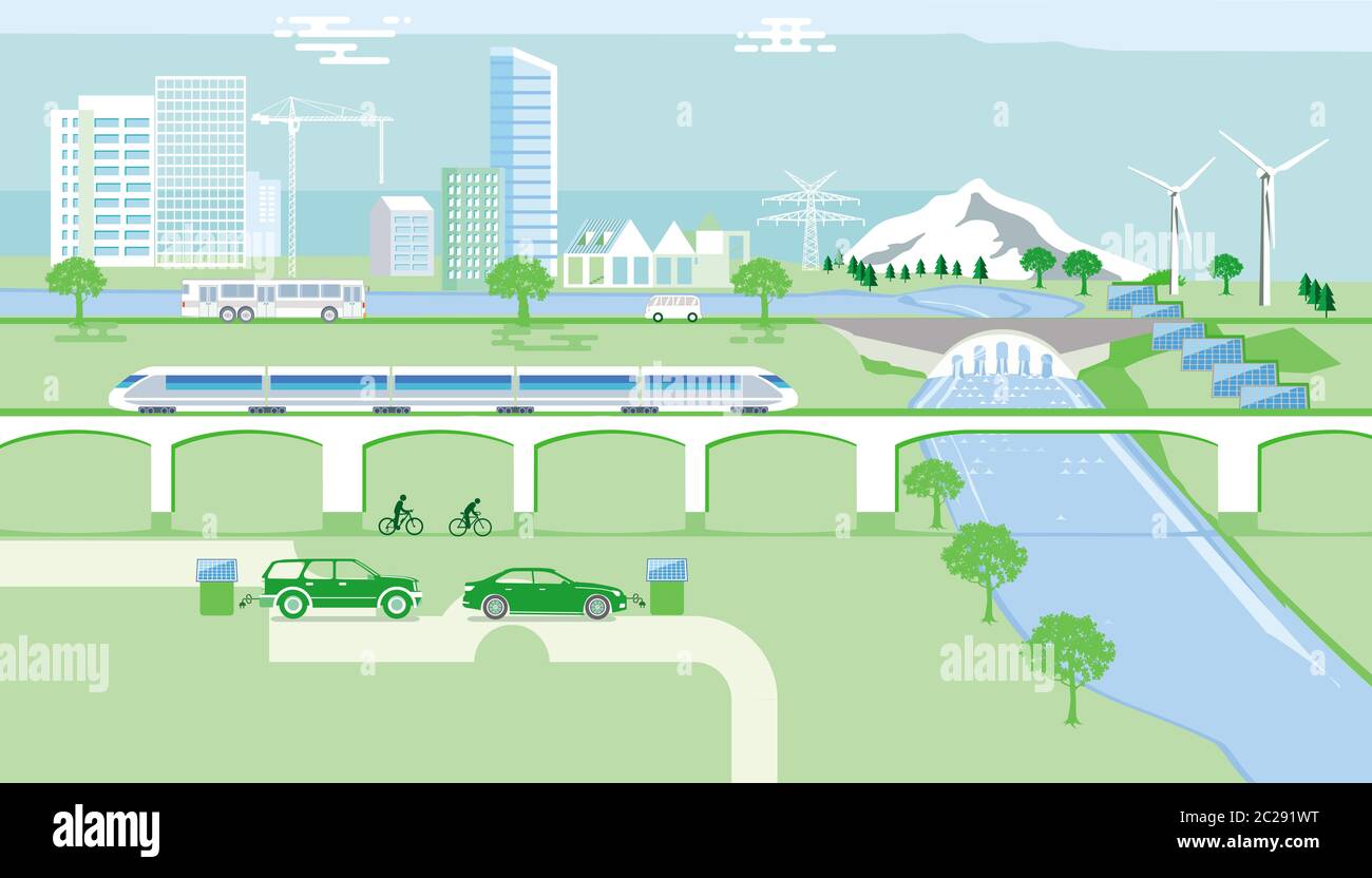 Città con sviluppo energetico sostenibile, protezione ambientale Foto Stock
