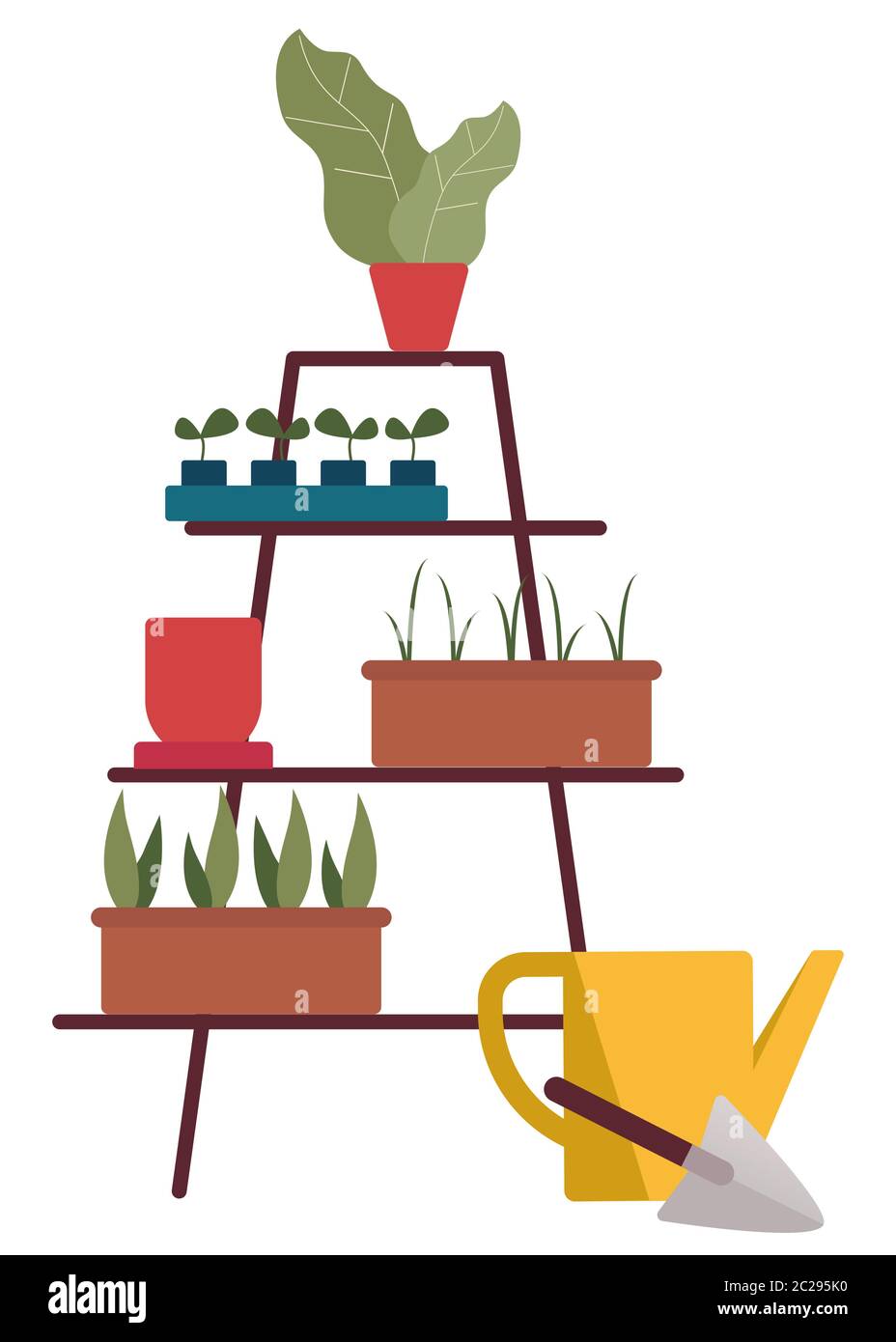 Piante su scaffali in piedi. Cucendo in pentole. Concetto di giardinaggio urbano. Illustrazione Vettoriale