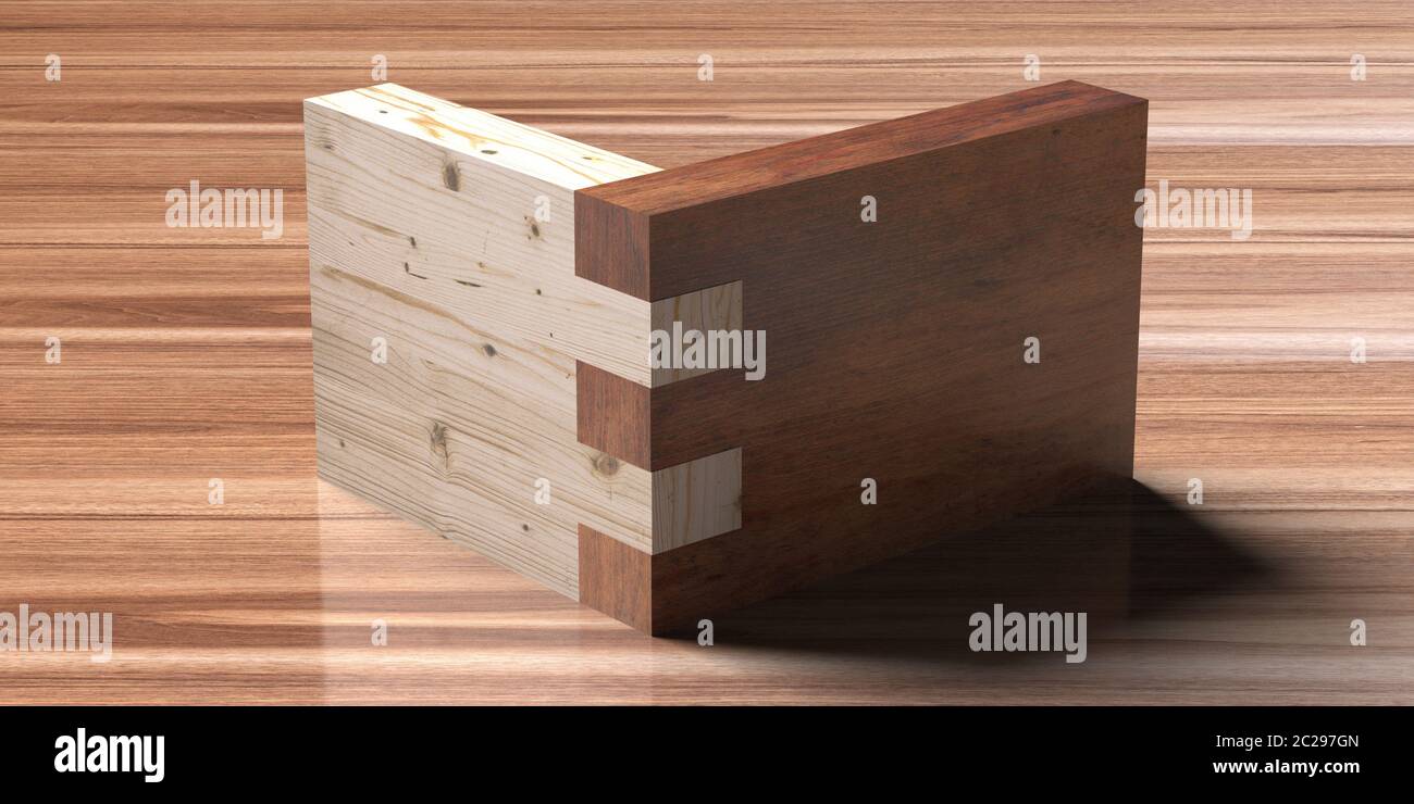Dima per giunti scatolato in legno, concetto di collegamento a coda di  rondine. Lavorazione legno di