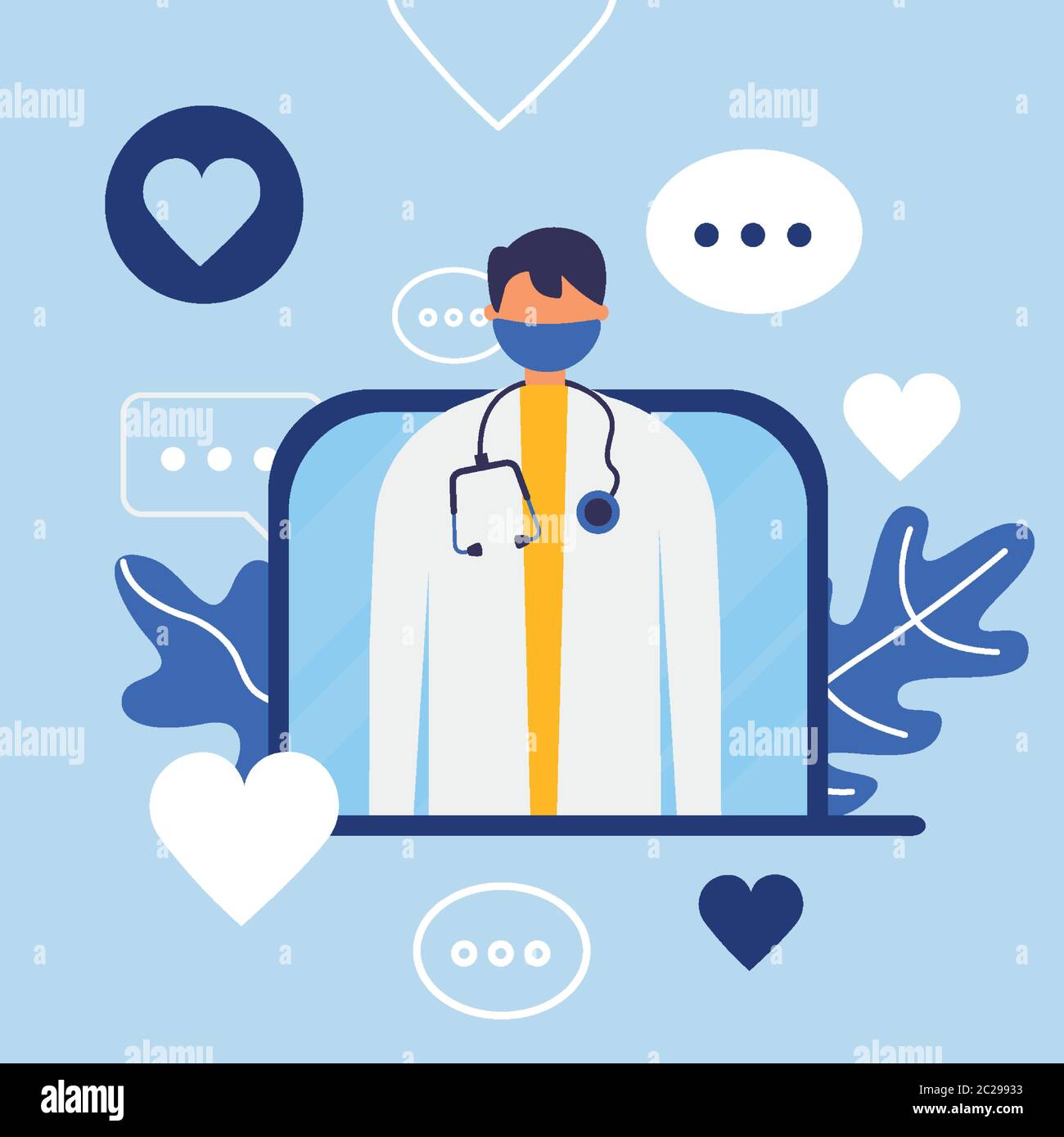 Medico maschile online con maschera sul laptop design di consulenza medica e covid 19 virus tema illustrazione vettoriale Illustrazione Vettoriale