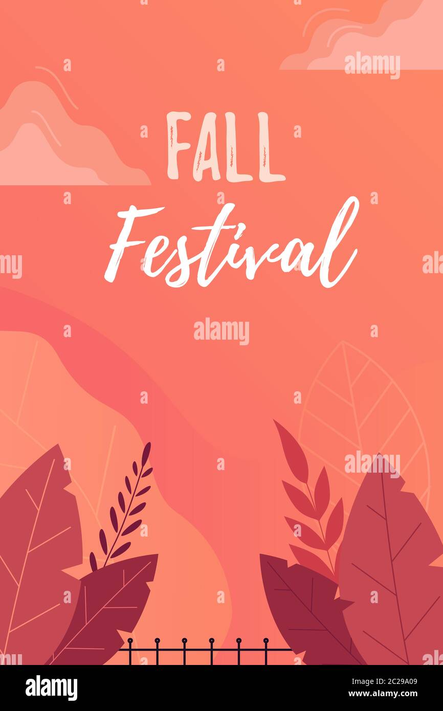 Poster, invito o volantino del Festival dell'autunno. Foglie di autunno brillanti su sfondo arancione con foglie piatte. Illustrazione Vettoriale