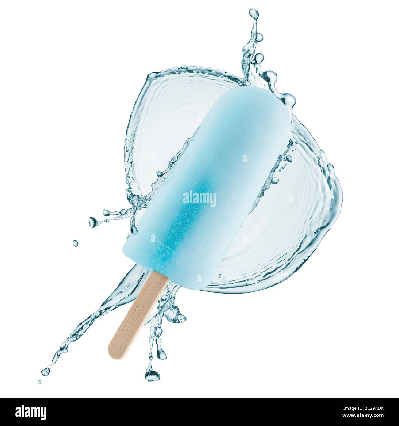 Per lecca-lecca di ghiaccio con spruzzi di acqua intorno ad esso, isolato su bianco Foto Stock