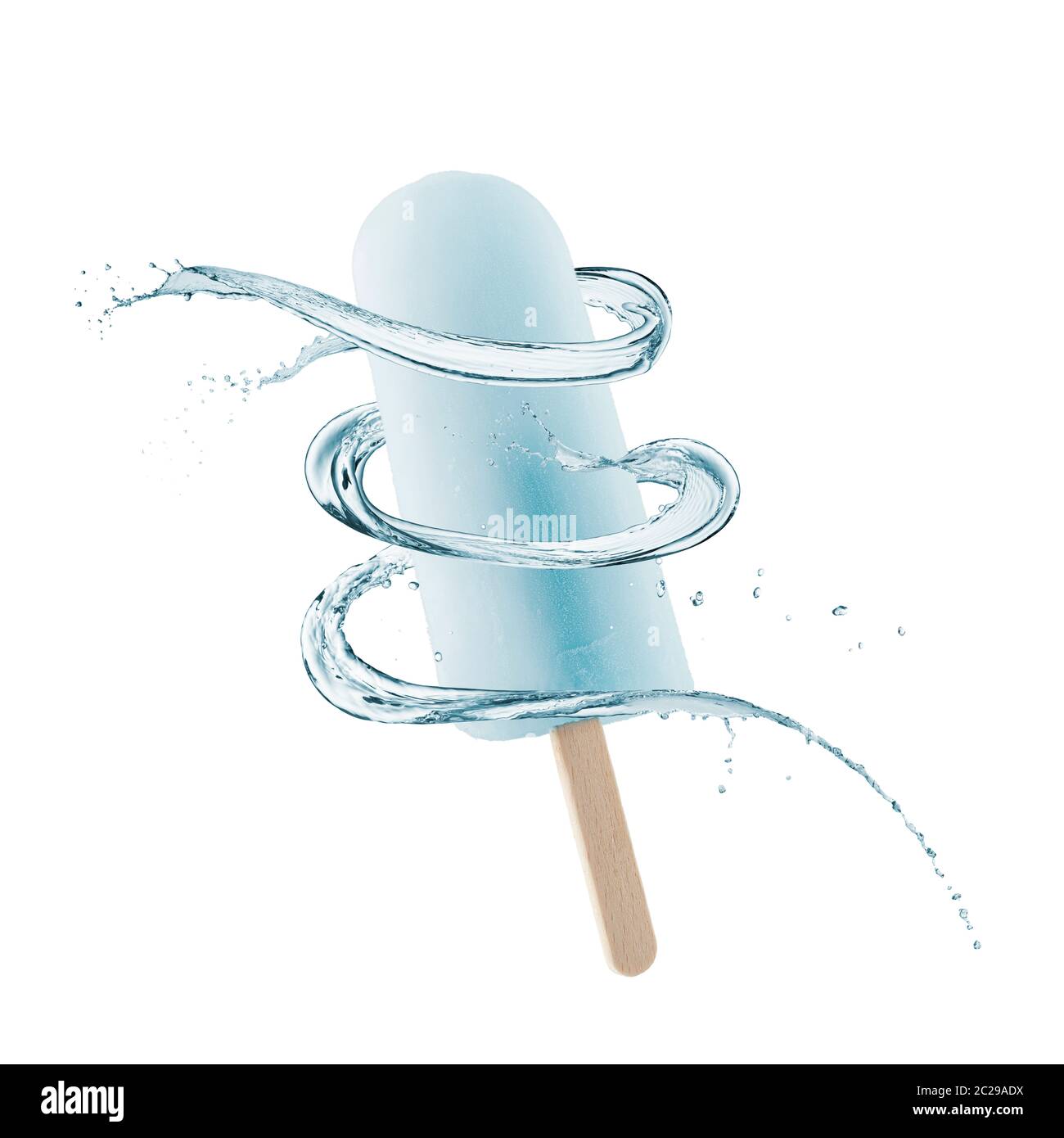 Per lecca-lecca di ghiaccio con spruzzi di acqua intorno ad esso, isolato su bianco Foto Stock