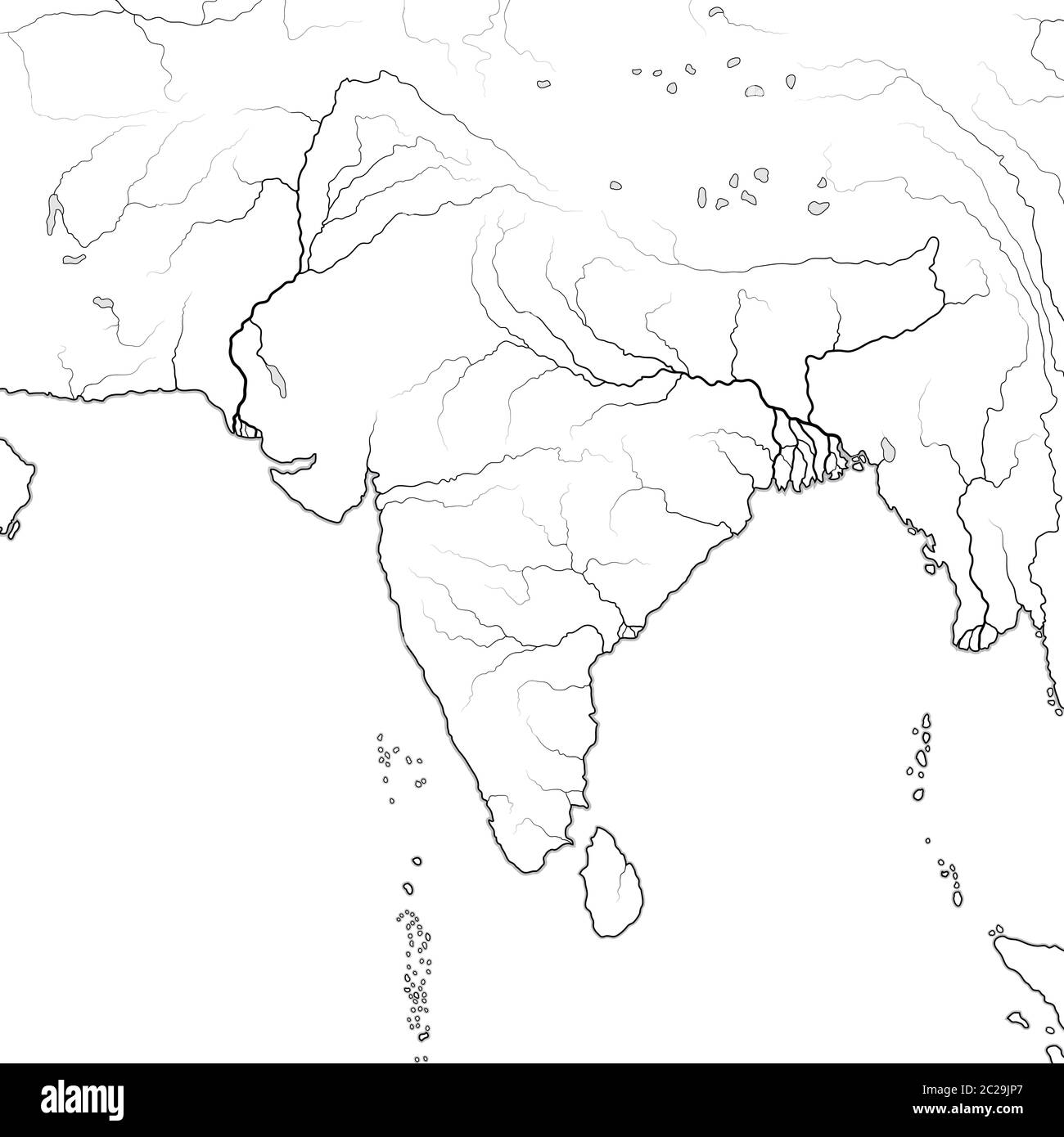 Mappa mondiale DEL SUBCONTINENTE INDIANO: India, Pakistan, Indù, Himalaya, Tibet, Bengala, Ceylon. Grafico geografico. Foto Stock