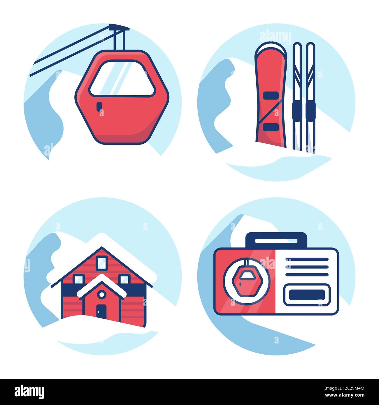 Set di icone della stazione sciistica. Ascensore rosso, noleggio attrezzatura, hotel, rifugio di montagna, skipass. Illustrazione Vettoriale