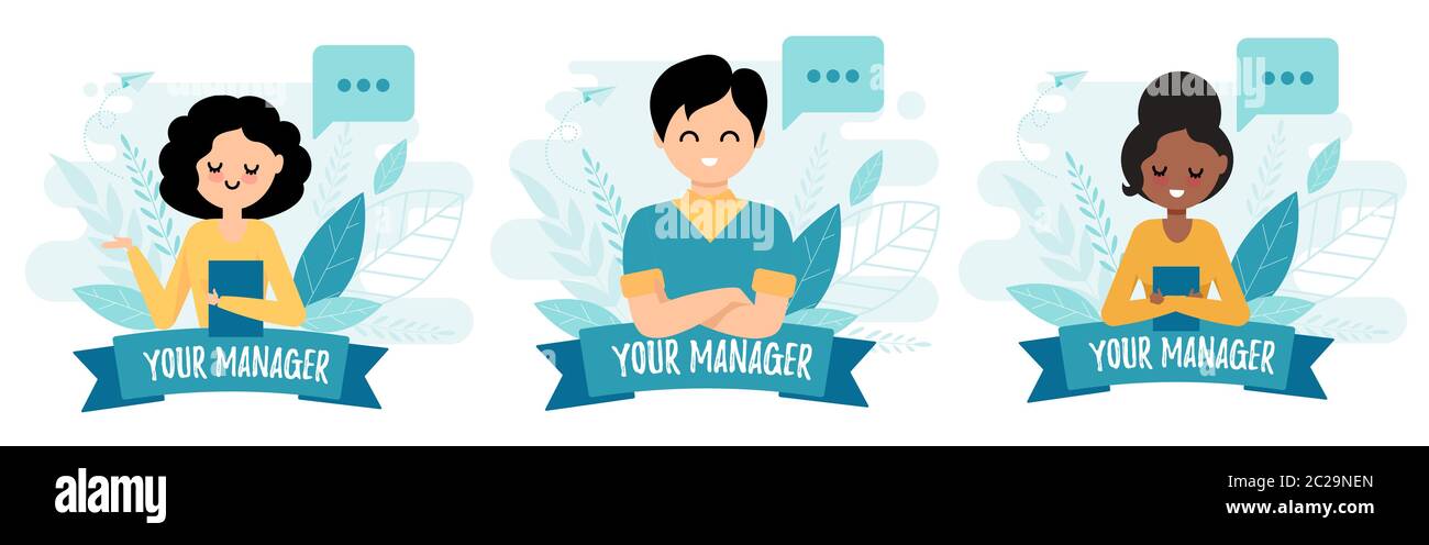 Il vostro manager. Avatar consulente. Ritratto carino con bolle. Donna e uomo. Illustrazione Vettoriale