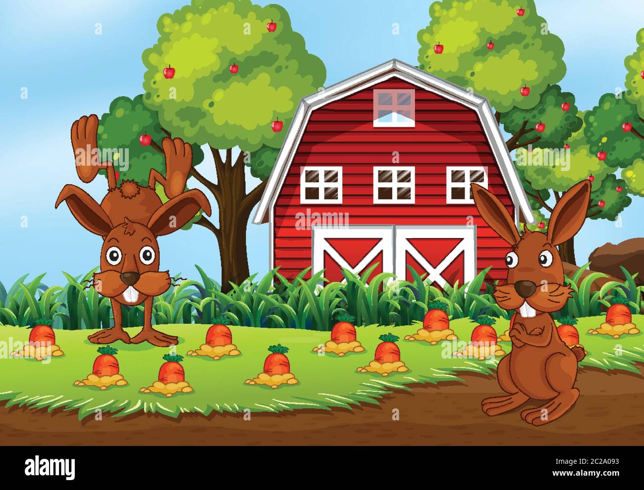 Scena di fattoria in natura con fienile e fattoria di carote e due coniglio illustrazione Illustrazione Vettoriale