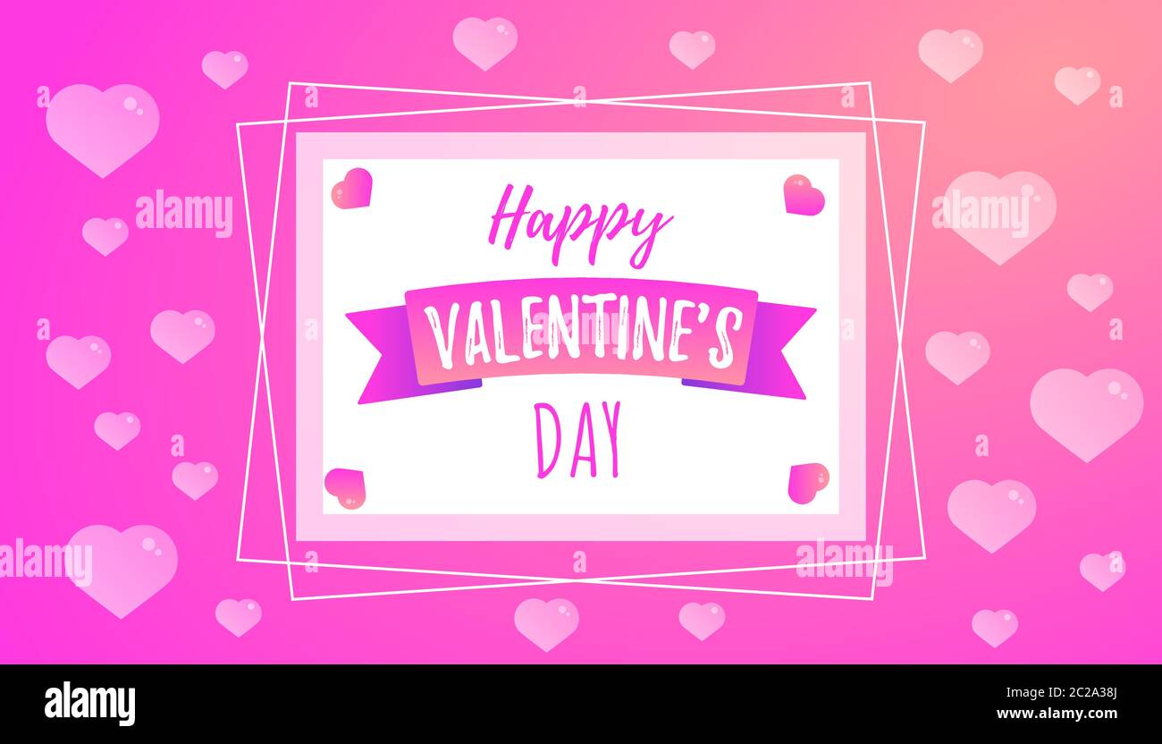 Sfondo del giorno di San Valentino con cuori, foglie e tipografia di felice testo del giorno di San Valentino . Illustrazione vettoriale. Illustrazione Vettoriale