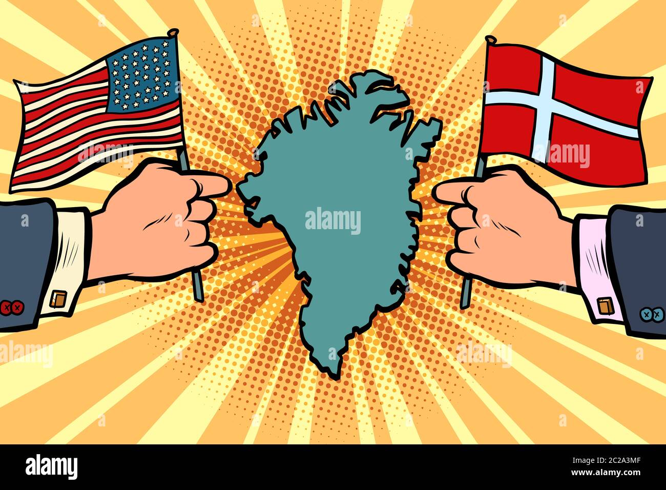 USA v. La Danimarca, la disputa per la Groenlandia. Le mani dei politici con le bandiere nazionali. comic cartoon arte pop retrò illustrazione vettoriale disegno Foto Stock