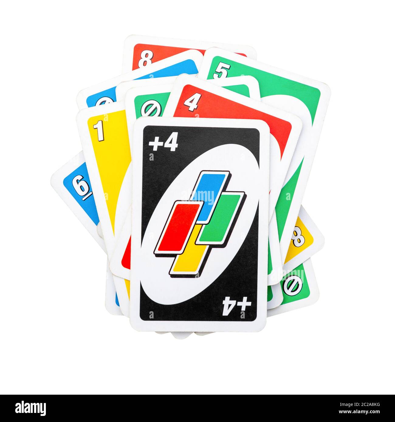 Pila di Onu gioco di carte isolati su sfondo bianco, vista frontale piatta taglio lay out foto Foto Stock
