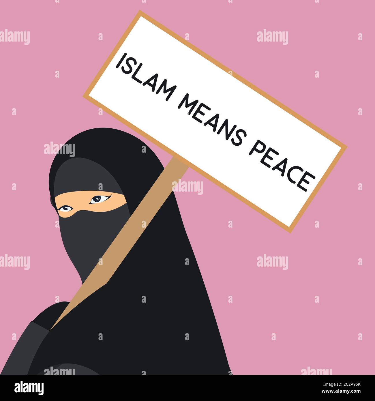 muslima con niqob che tiene la bandiera islam significa pace. illustrazione vettoriale Illustrazione Vettoriale