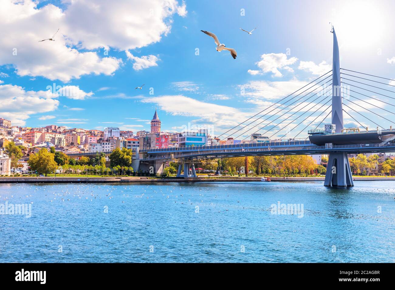Metro Halic Bridge e Torre Galata sullo sfondo, vista dal Corno d'oro, Istanbul, Turchia. Foto Stock