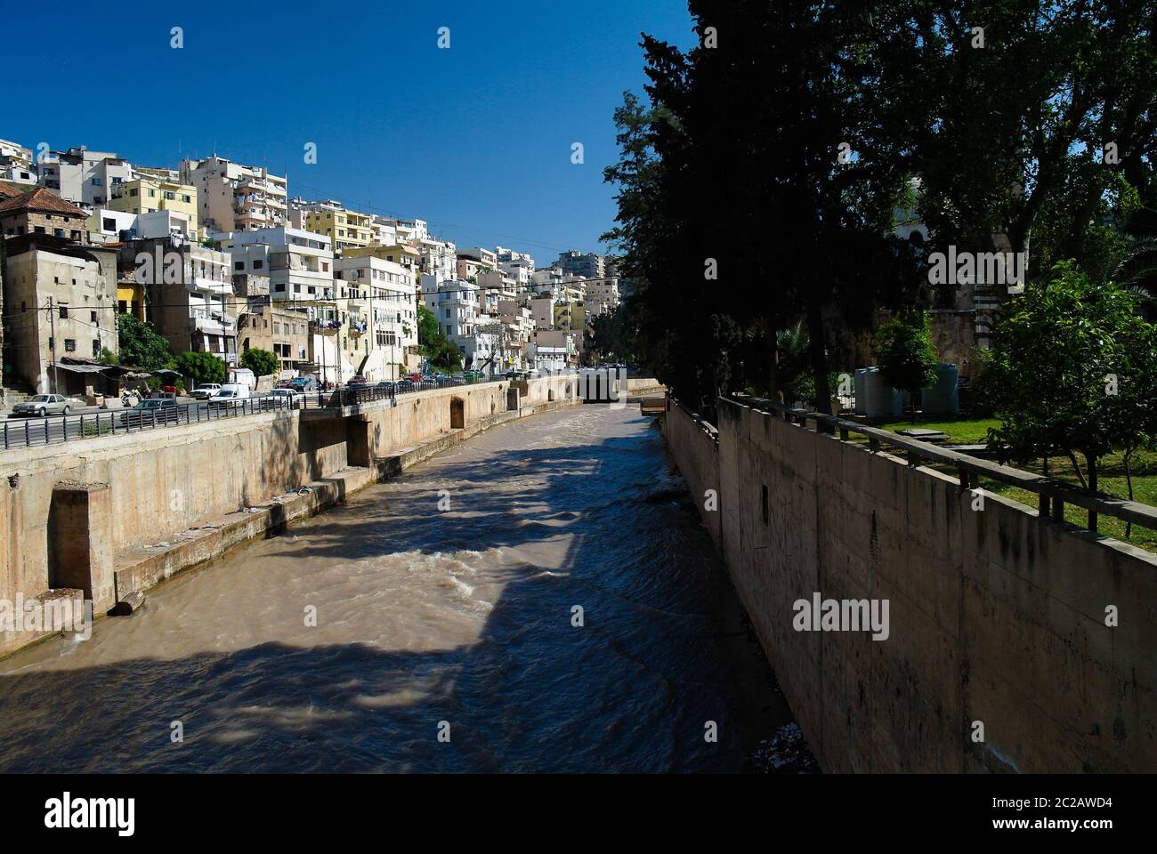 Vista panoramica sulla città di Tripoli e sul fiume Kadisha o Nahr Abu Ali in Libano Foto Stock