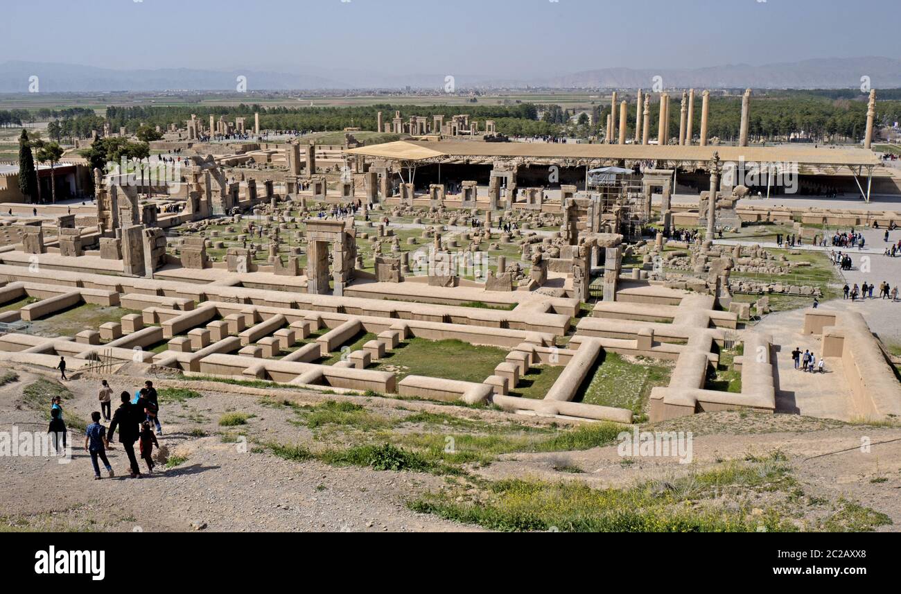 Il sito archeologico dell'antica città persiana, Persepolis, un sito patrimonio dell'umanità dell'UNESCO, nelle vicinanze di Shiraz, in Iran. Foto Stock