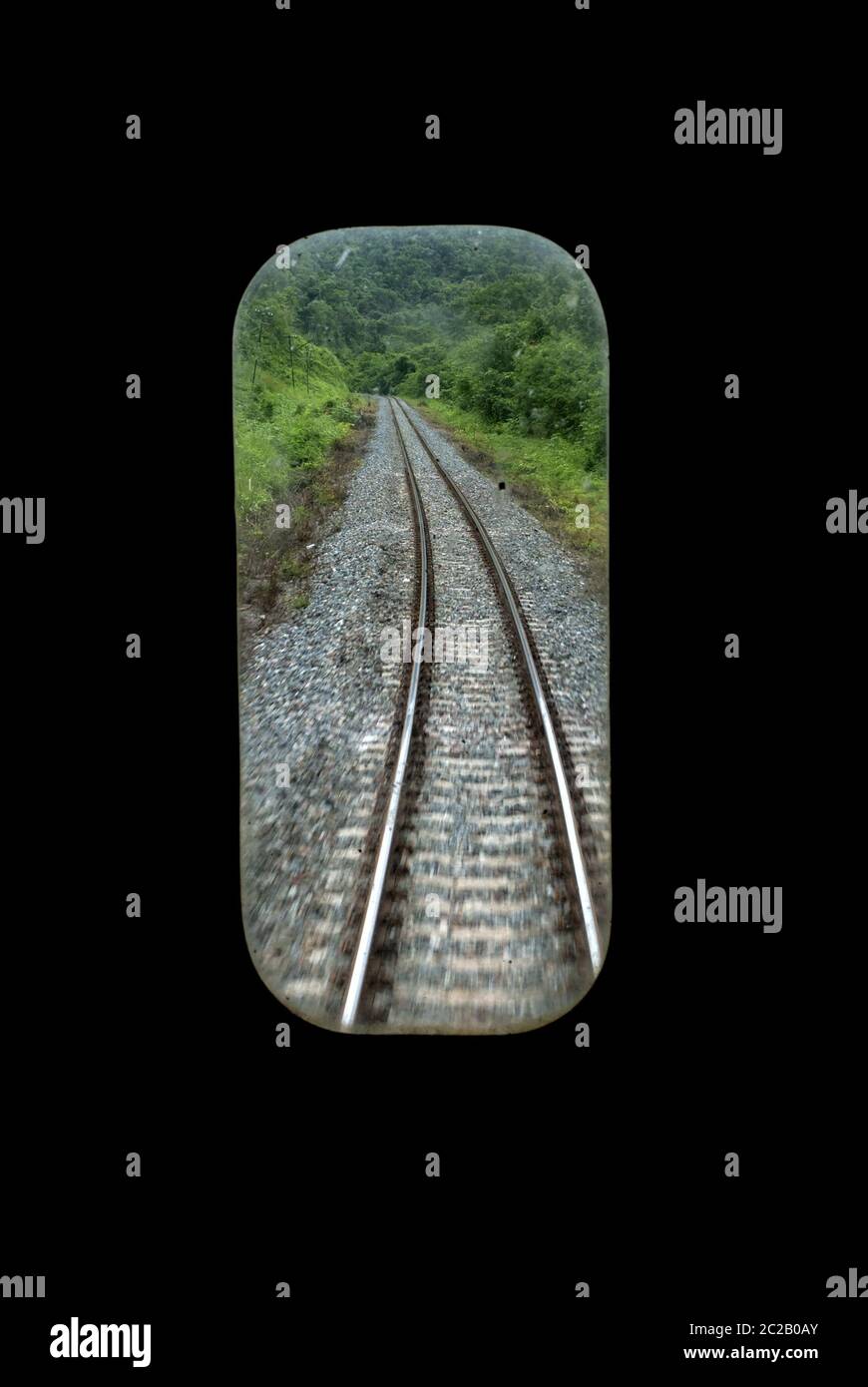 Treno attraverso la foresta tropicale, visto dalla finestra interna del treno. Foto Stock