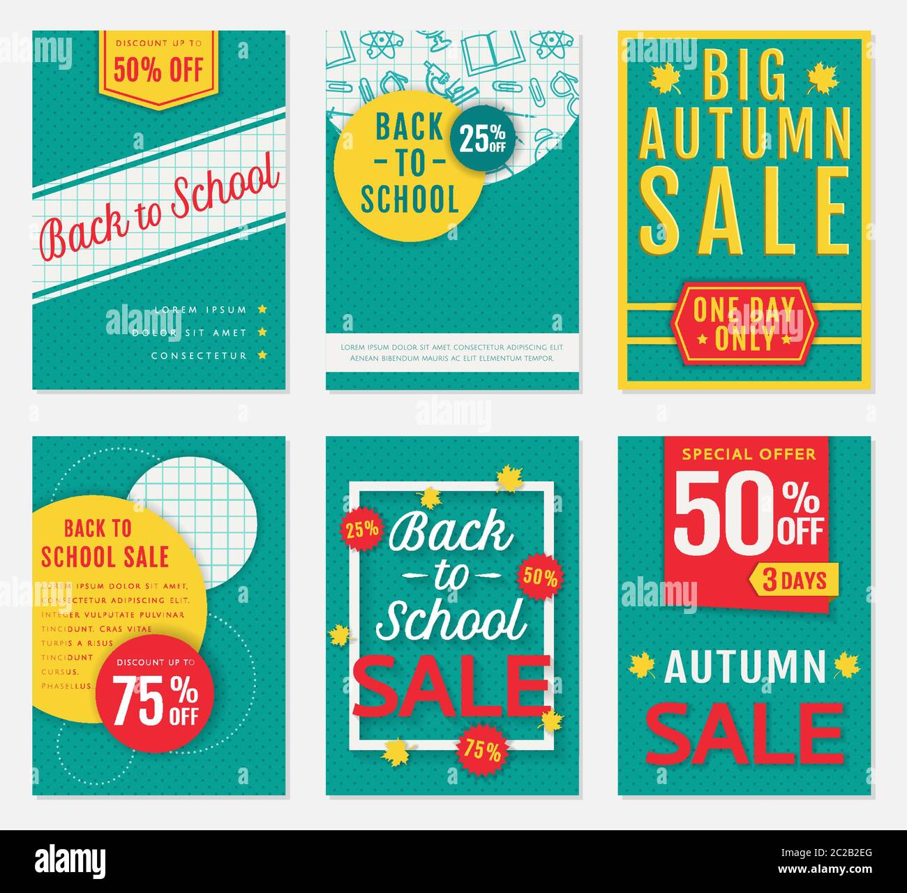 Banner sconto per il ritorno a scuola e l'autunno. Modelli di volantini pubblicitari per le vendite stagionali. Gruppo vettoriale. Illustrazione Vettoriale
