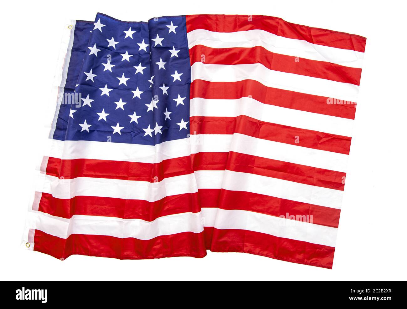 Tessuto naturale isolato crumpled bandiera USA, vista dall'alto bandiera americana strag come texture o sfondo, immagine ad alta risoluzione Foto Stock