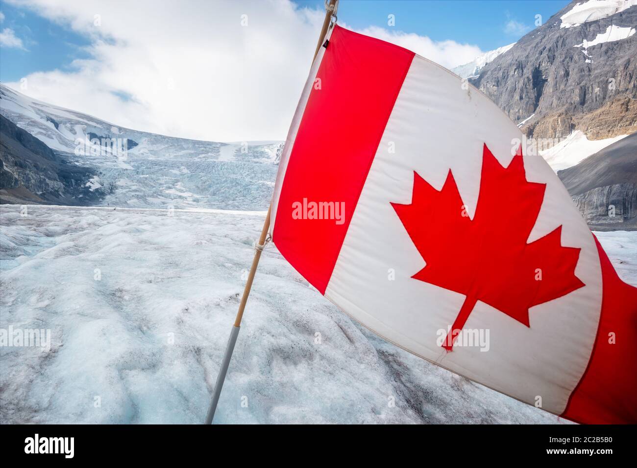 Bandiera canadese sul ghiacciaio Athabasca in Columbia Icefield, Parco Nazionale Jasper, Montagne Rocciose, Alberta, Canada Foto Stock