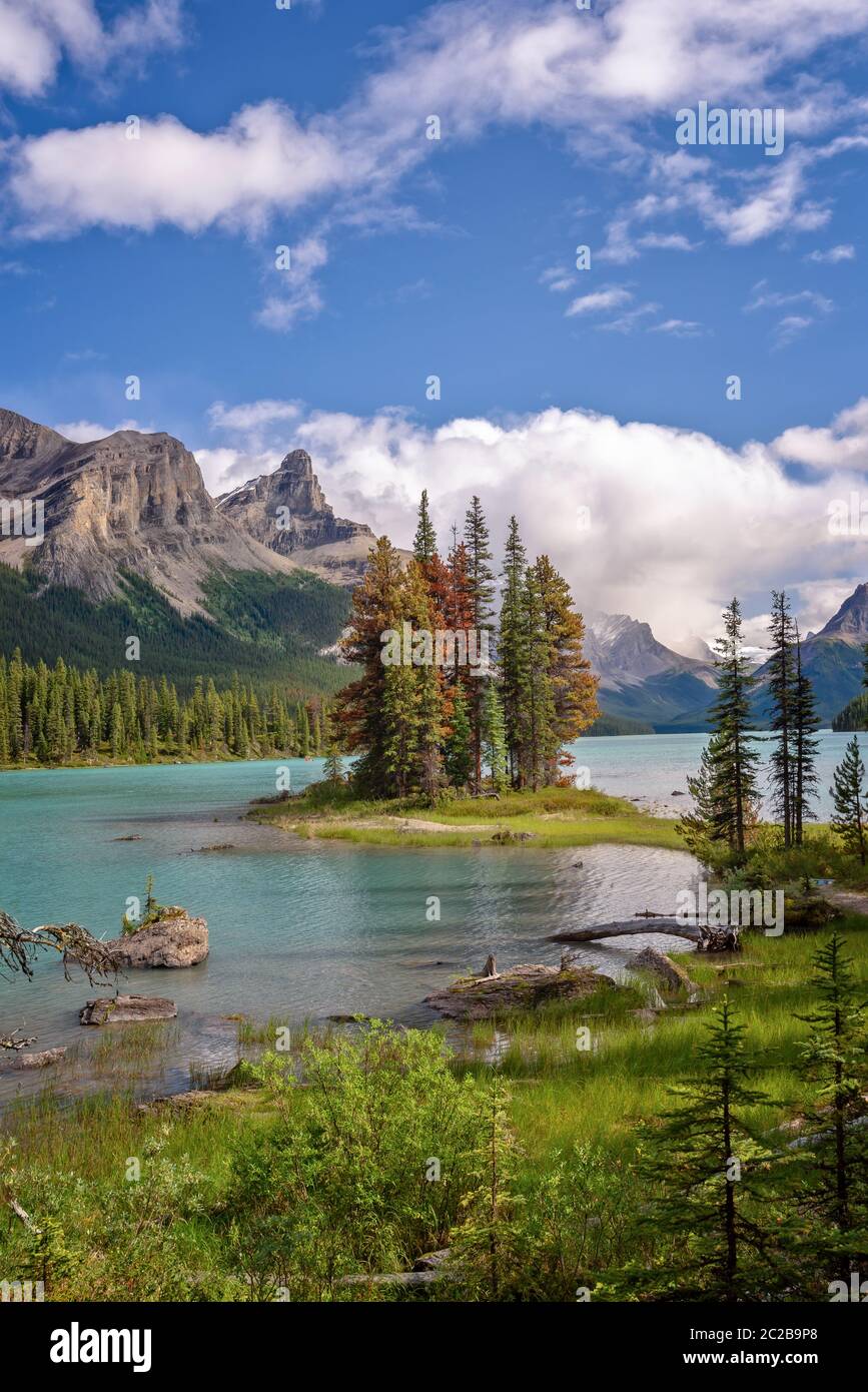 Spirit Island nel lago Maligne, Jasper National Park, Alberta, Rocky Mountains, Canada Foto Stock