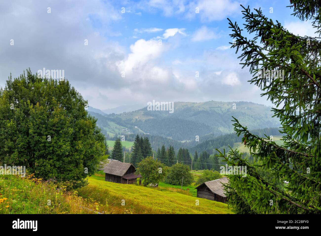 Natura in montagna, splendido paesaggio montano, i Monti Carpazi, un villaggio in montagna. Foto Stock