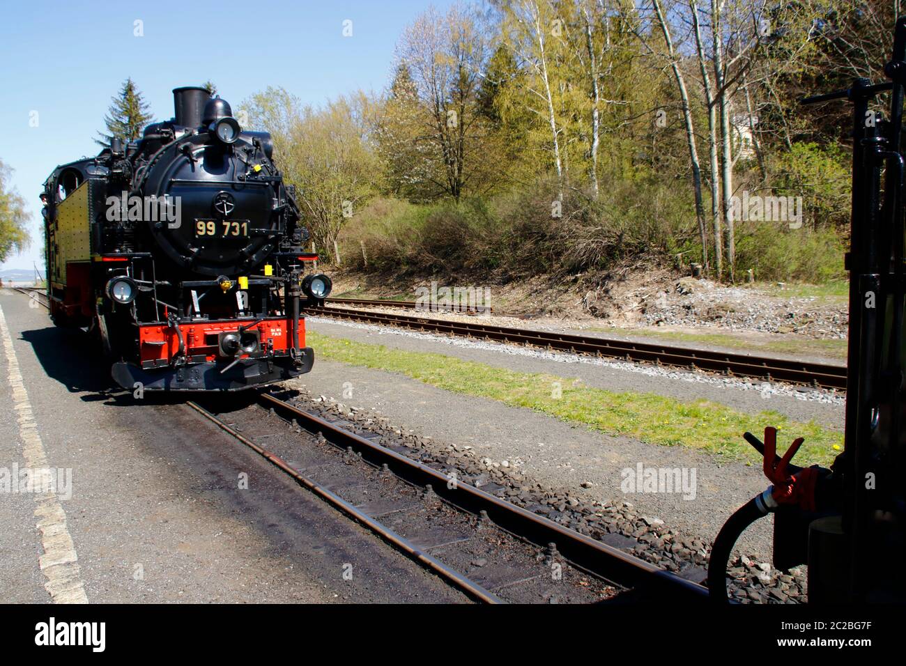 Locomotiva a vapore della ferrovia a scartamento ridotto Zittau nella stazione di Jonsdorf Foto Stock