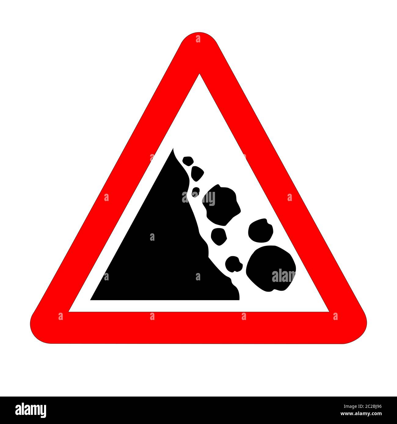 Il tradizionale "ira caduta massi' triangolo, segno di traffico isolato su uno sfondo bianco. Foto Stock