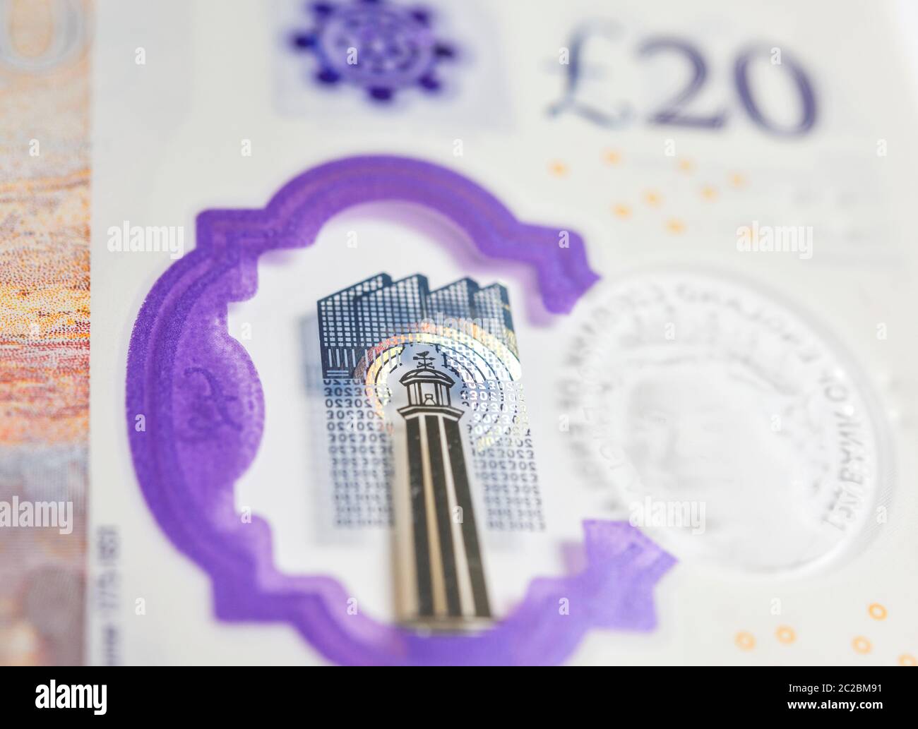 Un primo piano di una nota Sterling di venti libbre che mostra il faro di Margate Foto Stock