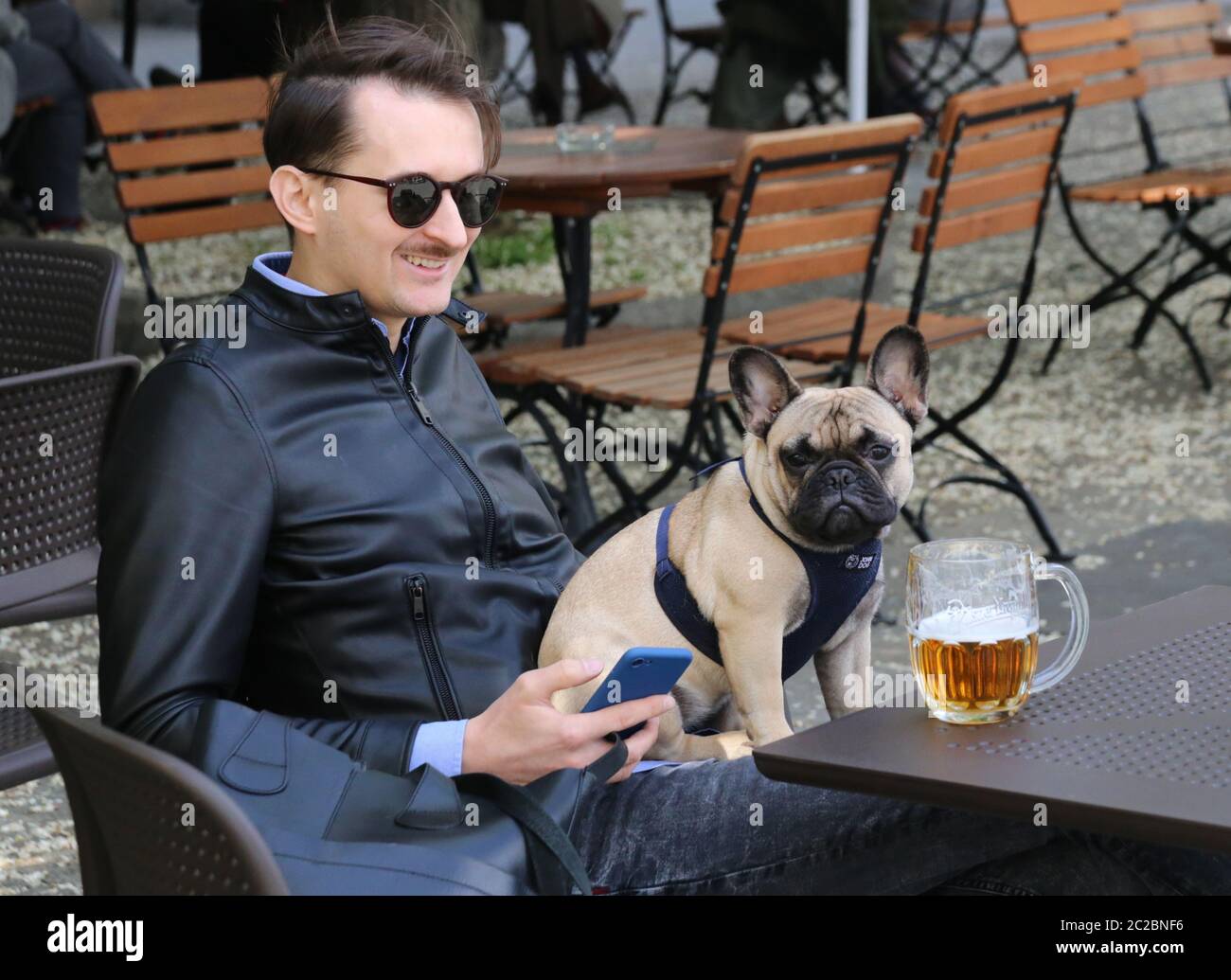 Cracovia. Cracovia. Polonia. Giovane seduto su un bicchiere di birra con il cane in ginocchio. Foto Stock