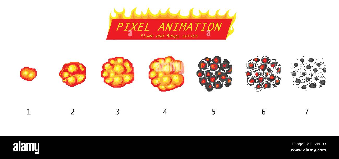 Esplosione nucleare. Oggetti fuoco pixel art a 8 bit. Icone di gioco impostate. L'evoluzione di una fiamma comica boom. Scoppio scoppio di Bang esplode dinamite flash con fumo Illustrazione Vettoriale