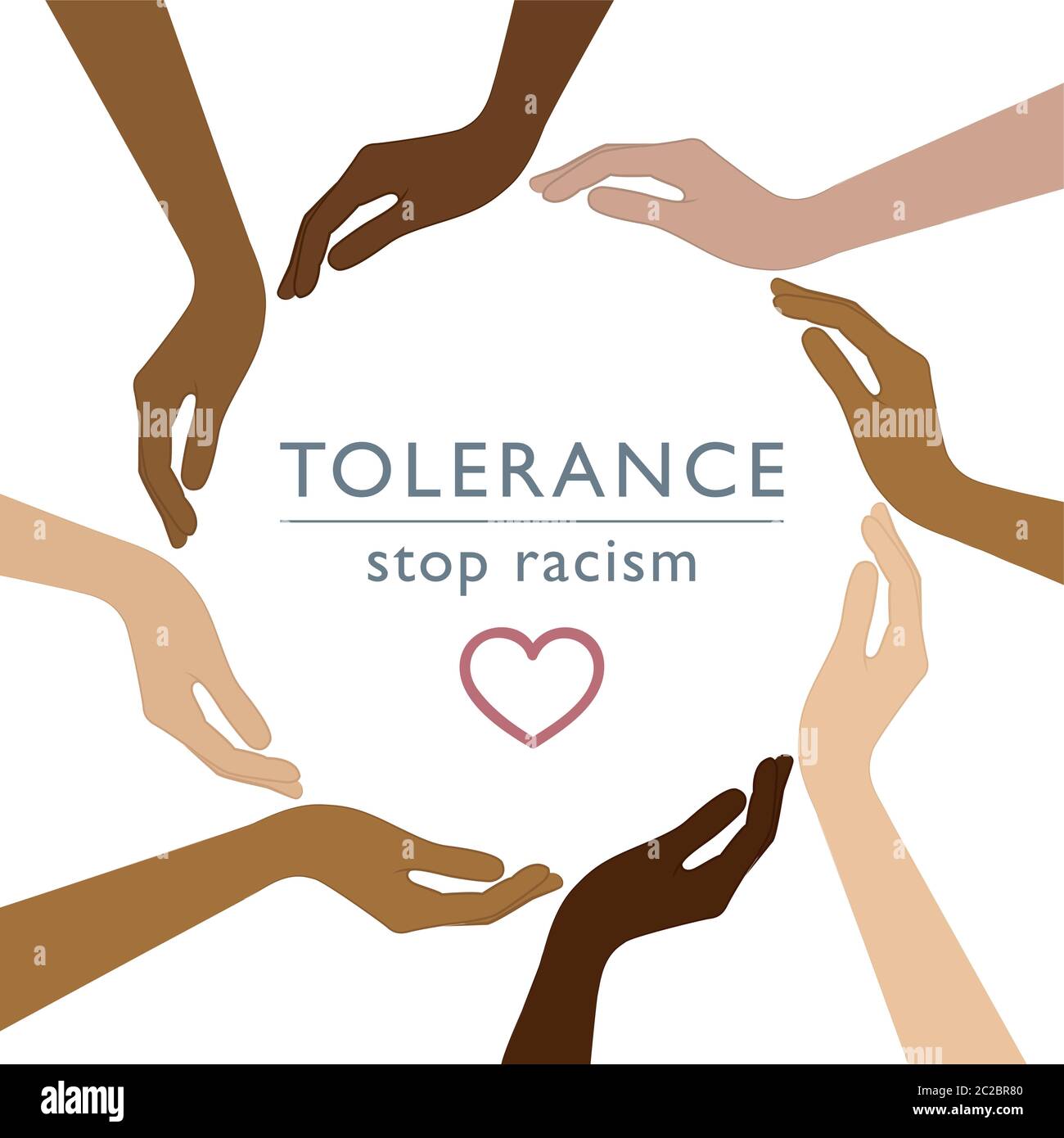 Stop al concetto di tolleranza al razzismo con le mani umane con diversi colori della pelle immagine vettoriale EPS10 Illustrazione Vettoriale