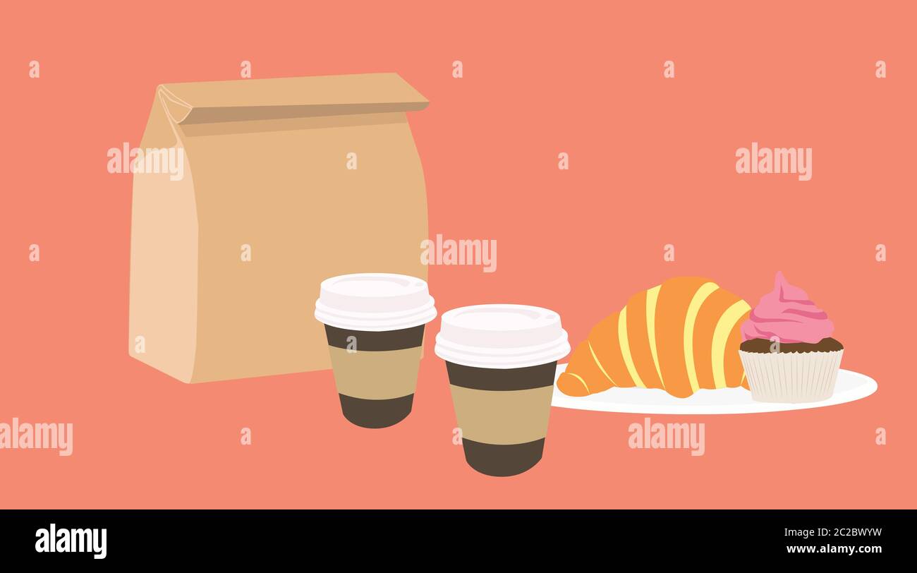 Vector Isolated Illustrazione di un set da togliere: Tazze da caffè, croissant, cupcake y sacchetto di carta Illustrazione Vettoriale