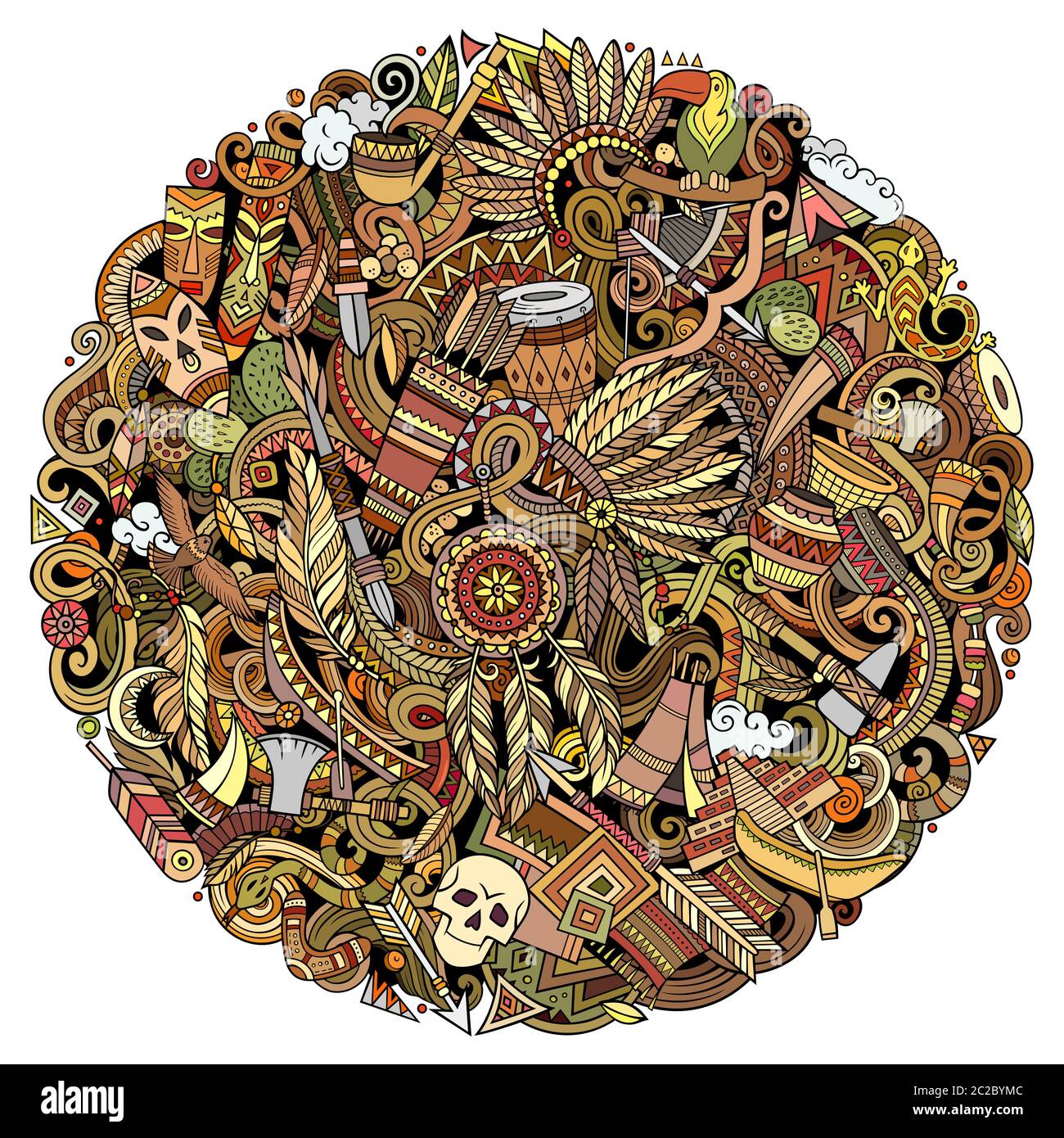 Illustrazione dei doodles vettoriali disegnati a mano dall'americano nativo. Illustrazione Vettoriale