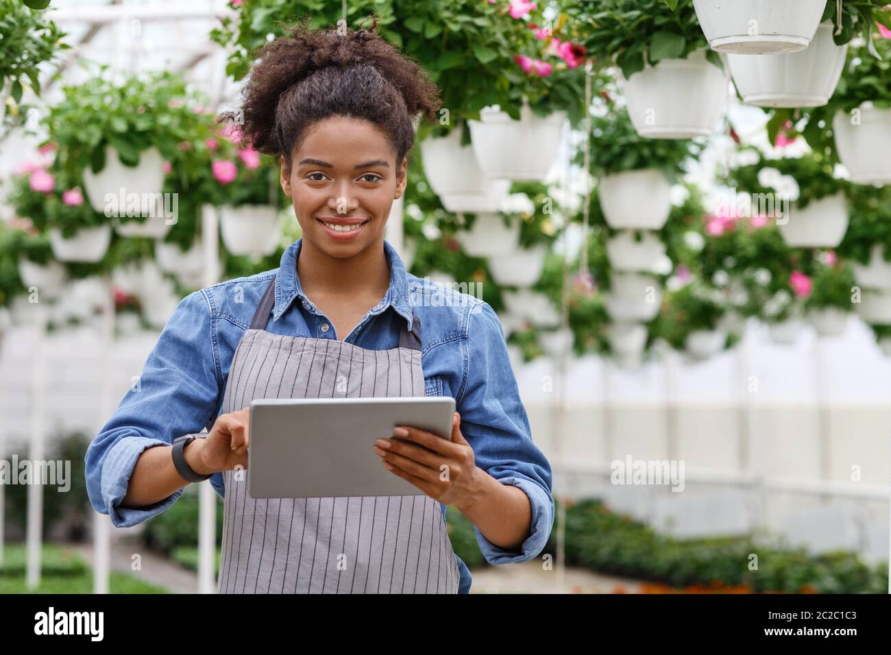 Tecnologia digitale nella gestione delle aziende agricole. Sorridente afroamericana lavoro di controllo ragazza di serra utilizzando tablet Foto Stock