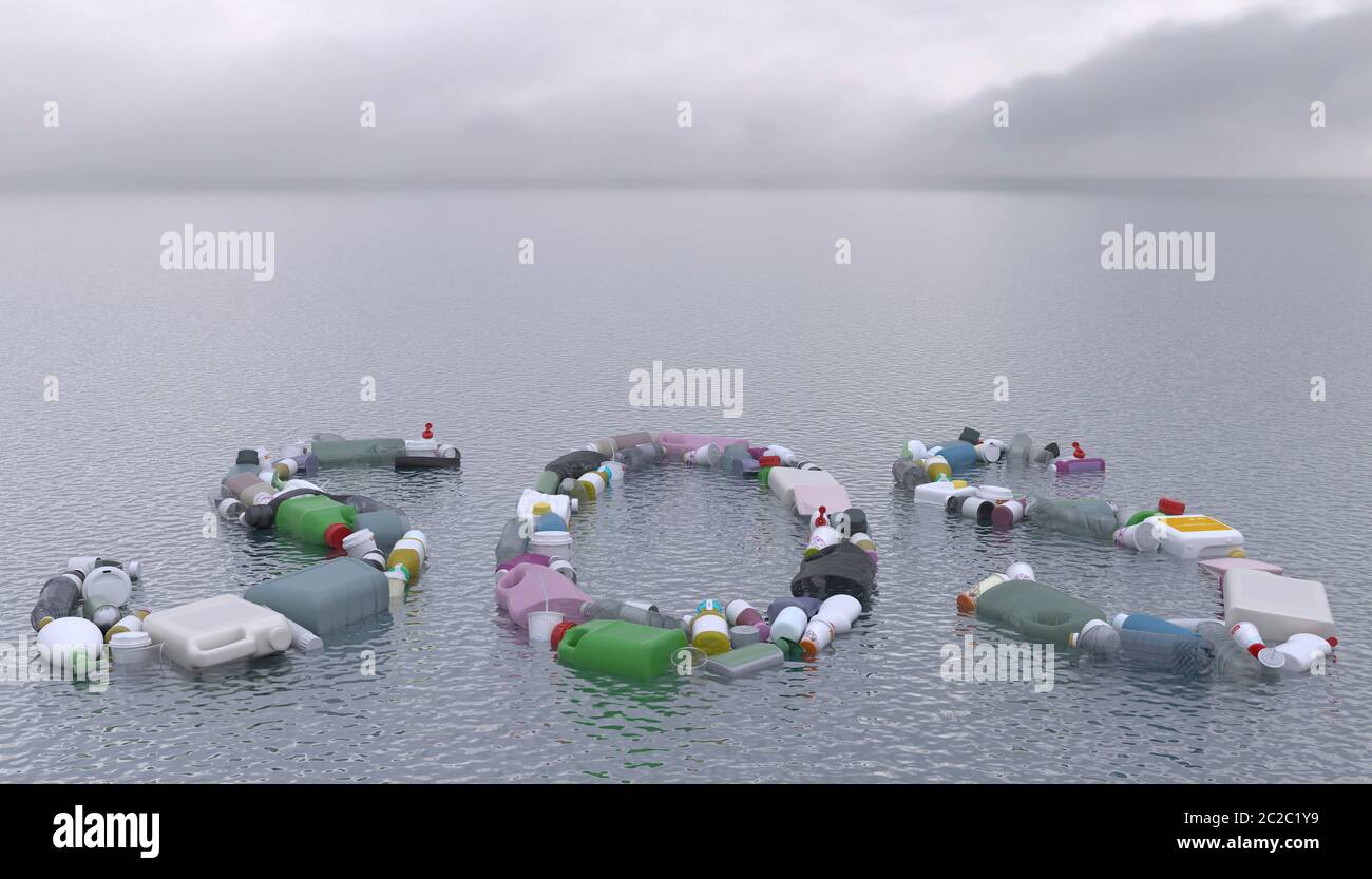 Parola SOS composta da contenitori e bottiglie di plastica sulla superficie di un mare o oceano calmo. Composizione concettuale creativa di rifiuti in acqua e env Foto Stock