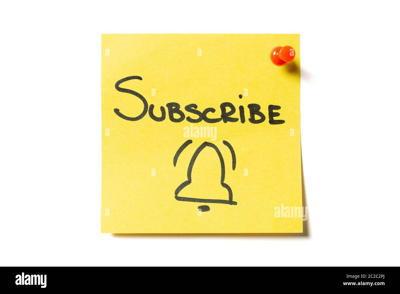 Iscriviti e campana disegnata sul bigliettino giallo. Registrazione online Foto Stock