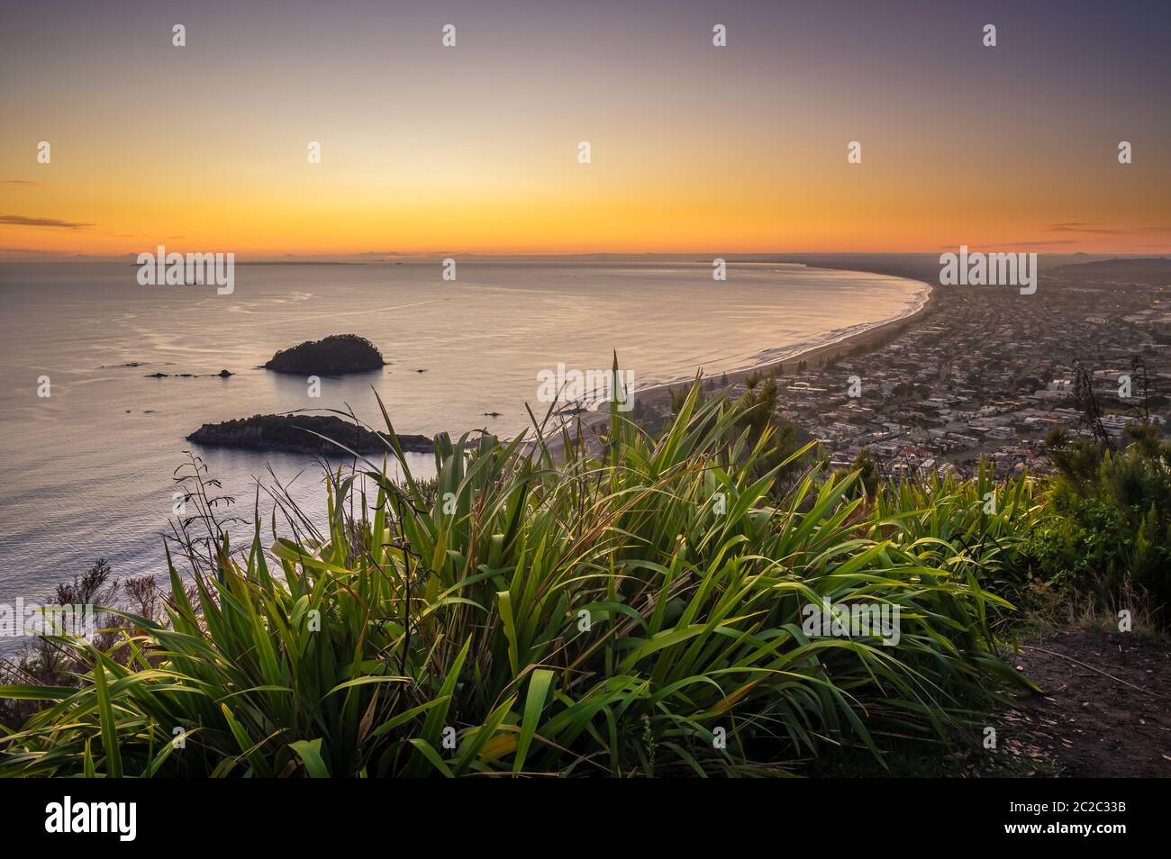 Dawn sopra la città costiera di Tauranga sull'isola settentrionale della Nuova Zelanda. Foto Stock