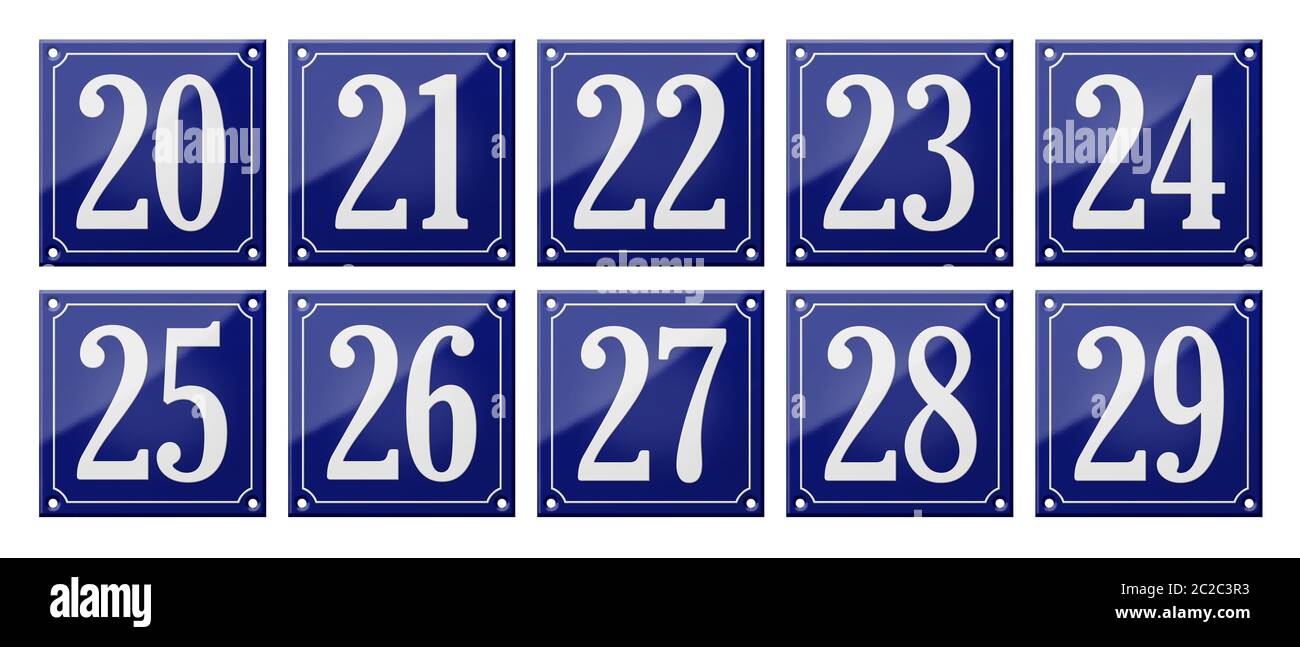 Set di tradizionale smalto blu segni - Numeri 20- 29 Foto Stock