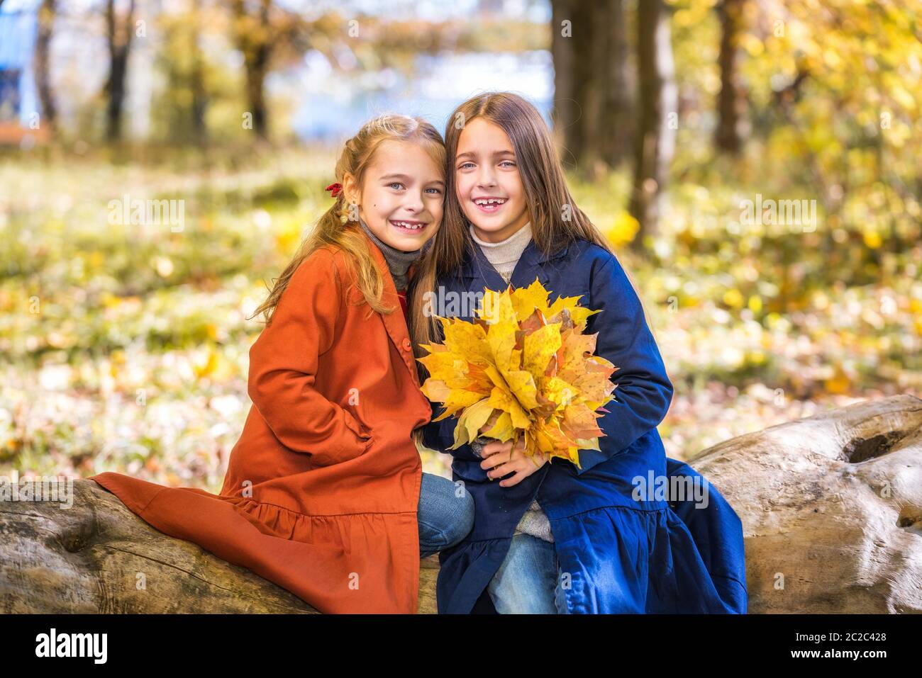 Due ragazze sorridenti e carine di 8 anni che si posano insieme in un parco in una giornata di sole autunno. Concetto di amicizia. Foto Stock