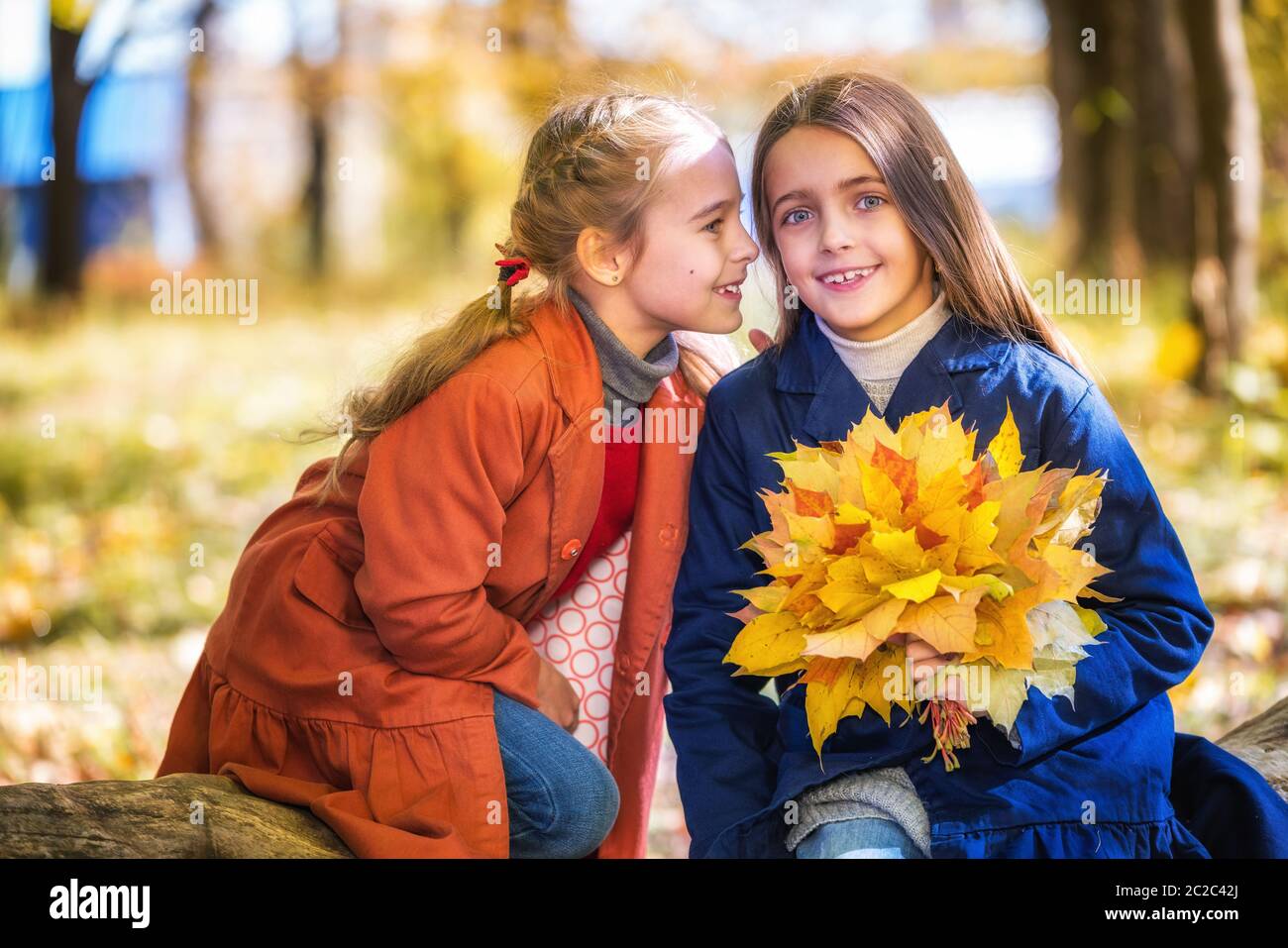 Due ragazze sorridenti e carine di 8 anni che chiacchierano in un parco in una giornata di sole autunno. Concetto di amicizia. Foto Stock