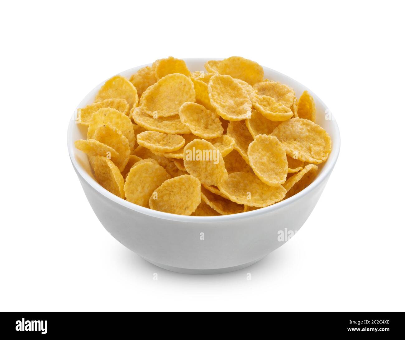 Fiocchi di mais in un recipiente isolato su sfondo bianco Foto Stock