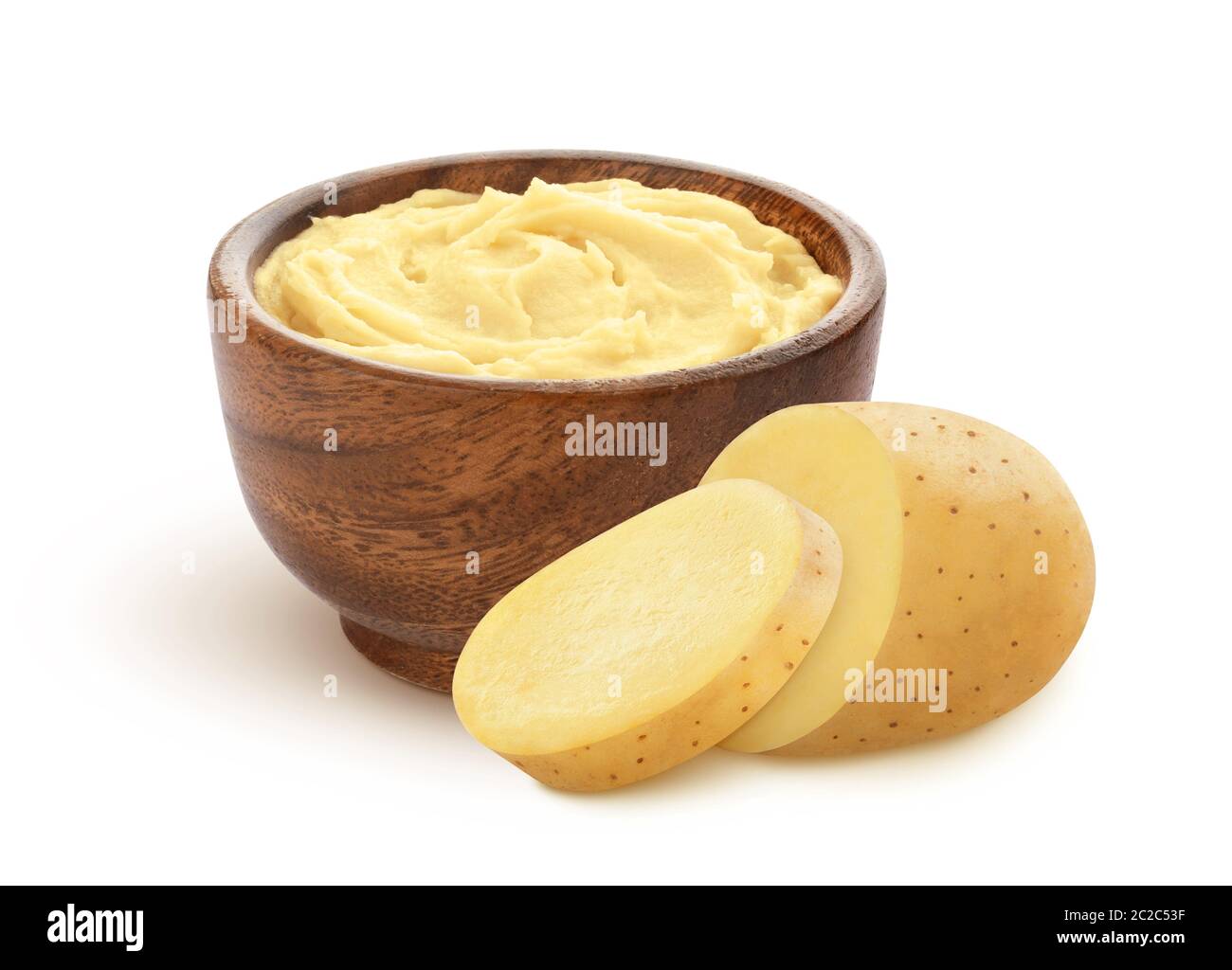 Purè di patate e fette di patate grezzo isolato su sfondo bianco Foto Stock