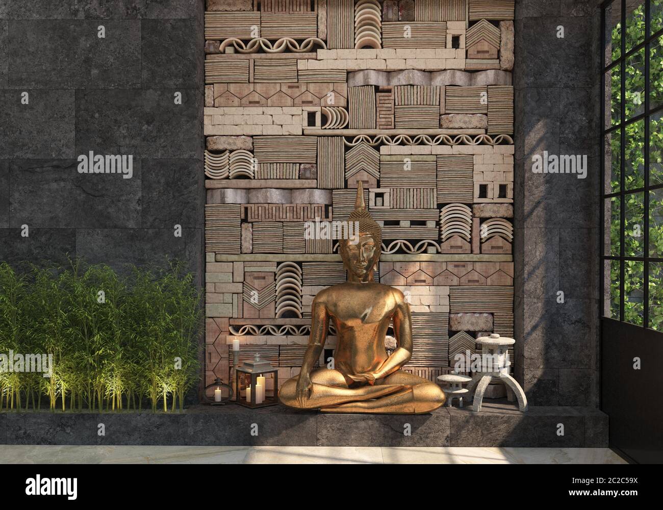 Arredamento domestico con una statua dorata di Buddha contro una parete nera con un motivo etnico di pietre. La composizione di un insieme di oggetti decorativi. Interno Foto Stock