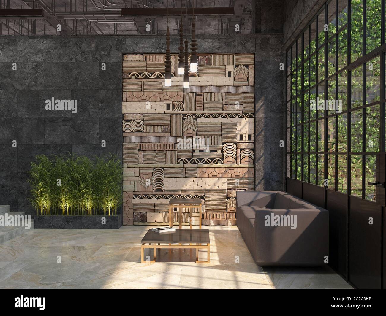 Design di un interno di una sala ufficio con un angolo per il riposo. Stile loft. Visualizzazione 3D. Foto Stock